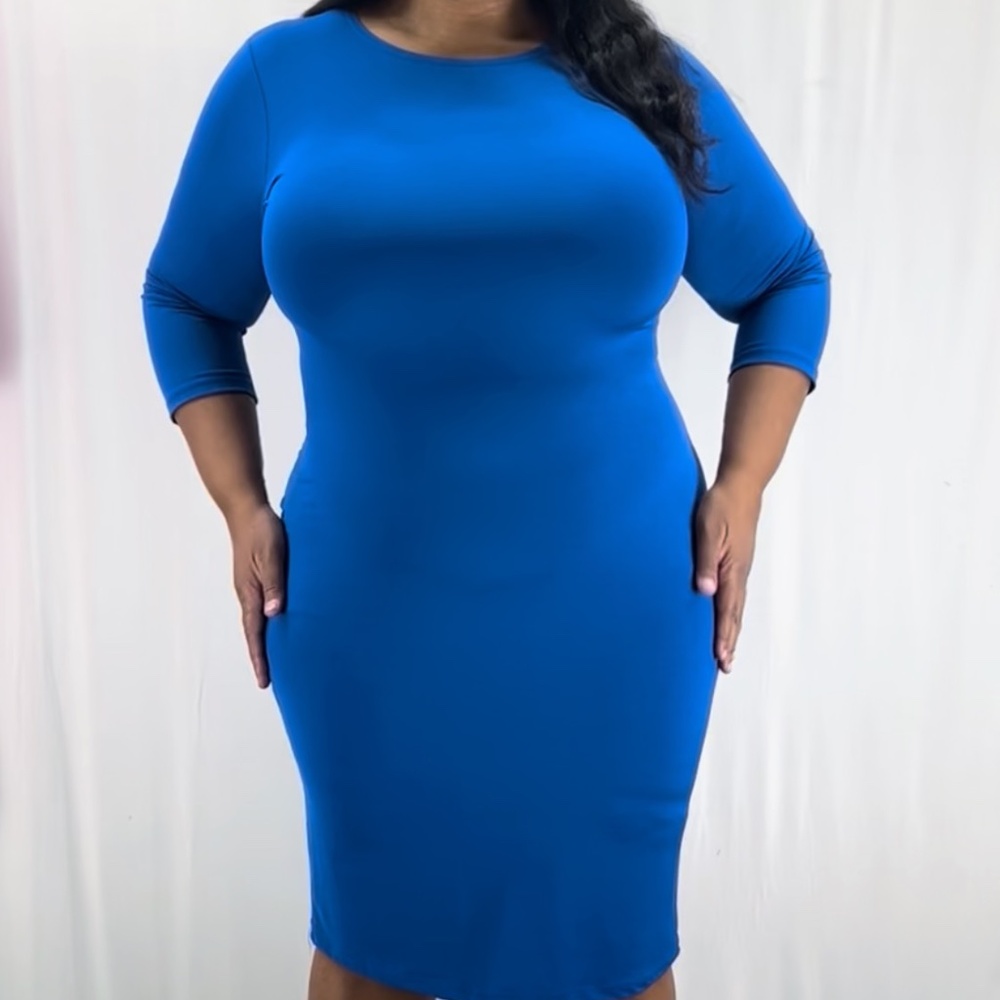Plus Size 1X-3X Blue Black Bodycon Midi Dress 3/4 Sleeve Stretch Cocktail